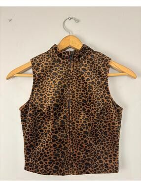 Vintage 90s Plush Faux Fur Leopard Print Fitted Zip-up Vest XS